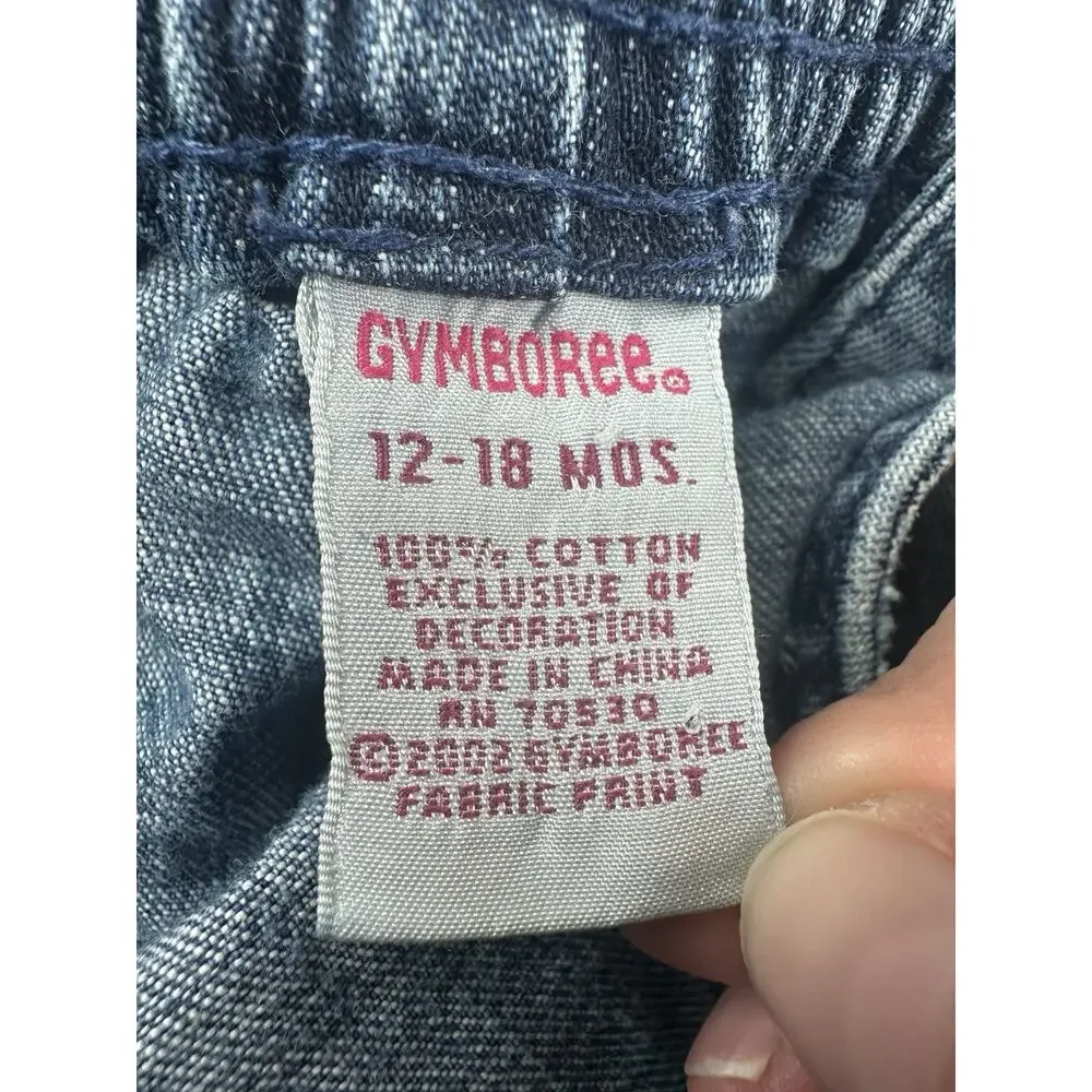 Vintage 2002 Gymboree Baby Denim Overalls Floral Embroidered Snap Romper 12-18M